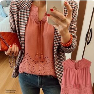 Lucky Boho Top Eyelet Crochet Yoke Tassel Tie Sleeveless Festival Ready